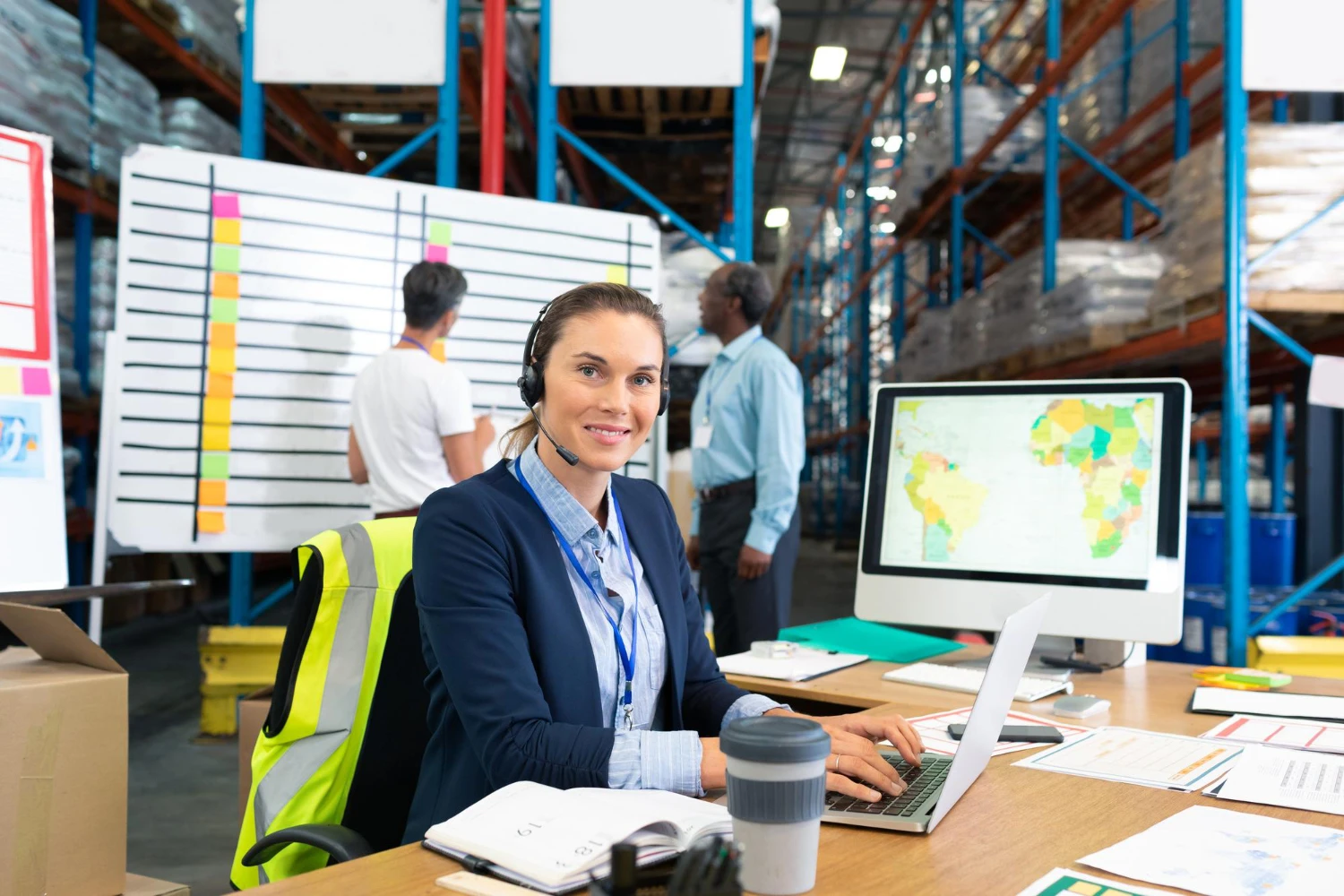 Dispatcher wearing a headset, working at her desk