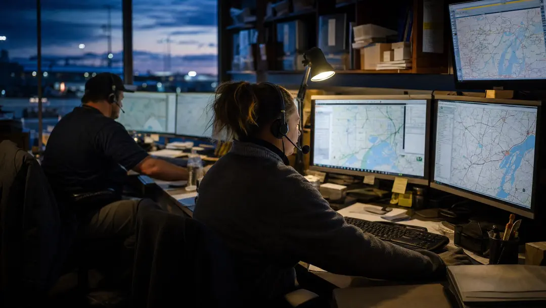 Dispatchers with headsets working load boards on multiple monitors